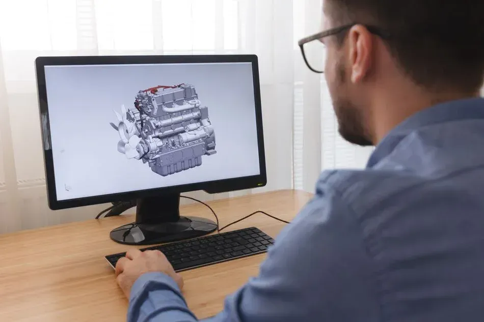 Ingenieur am Schreibtisch betrachtet ein dreidimensionales Drahtgittermodell eines gefalteten Blechteils auf einem grossen Monitor.