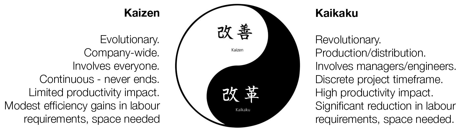 Comparison between incremental Kaizen improvements and radical Kaikaku breakthroughs in digitalization