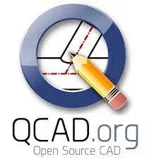 Screenshot van de QCAD-interface met een eenvoudige 2D mechanische tekening open.