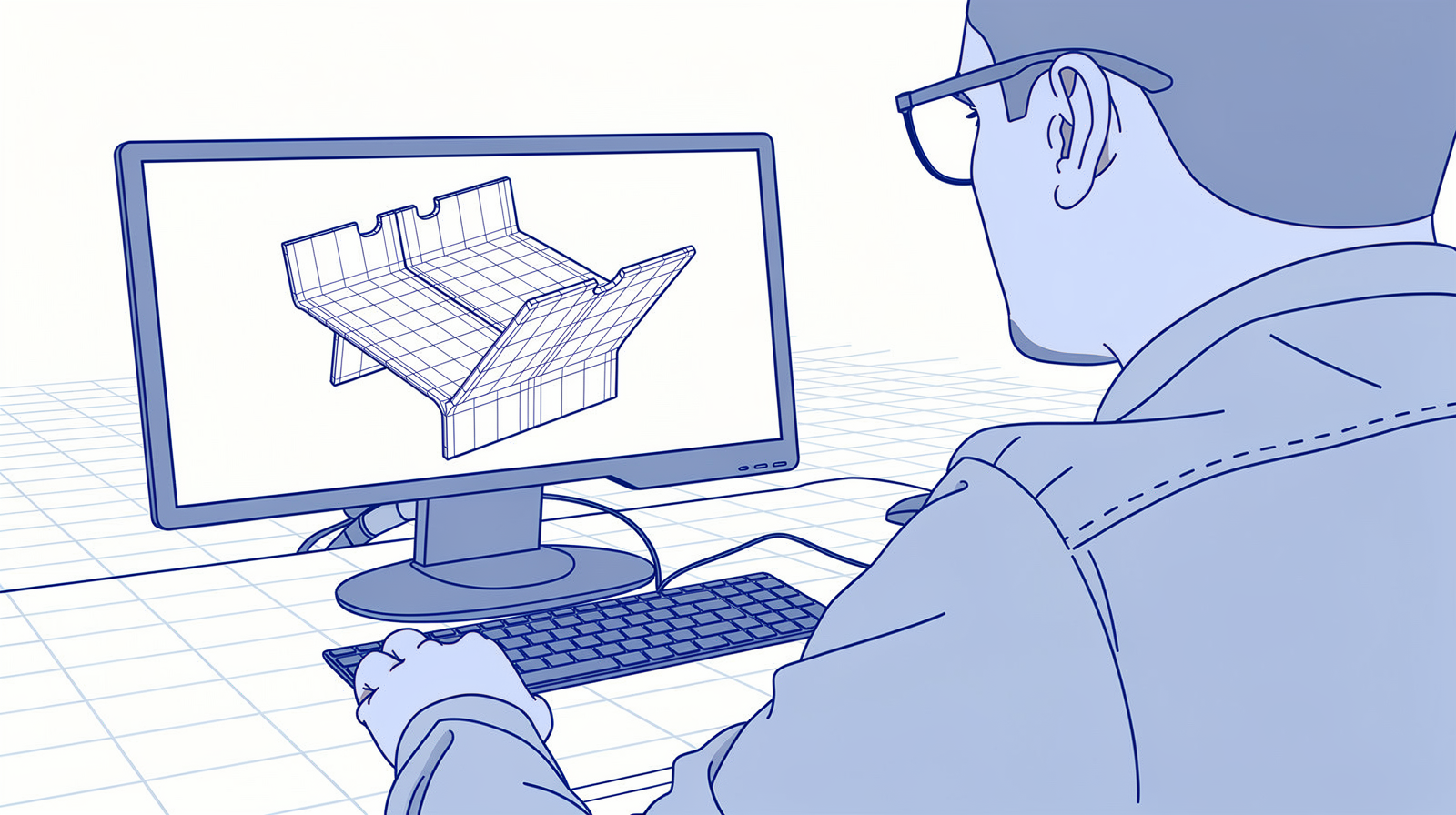 Engineer at a desk viewing a wireframe 3D model of a folded sheet-metal part on a large monitor