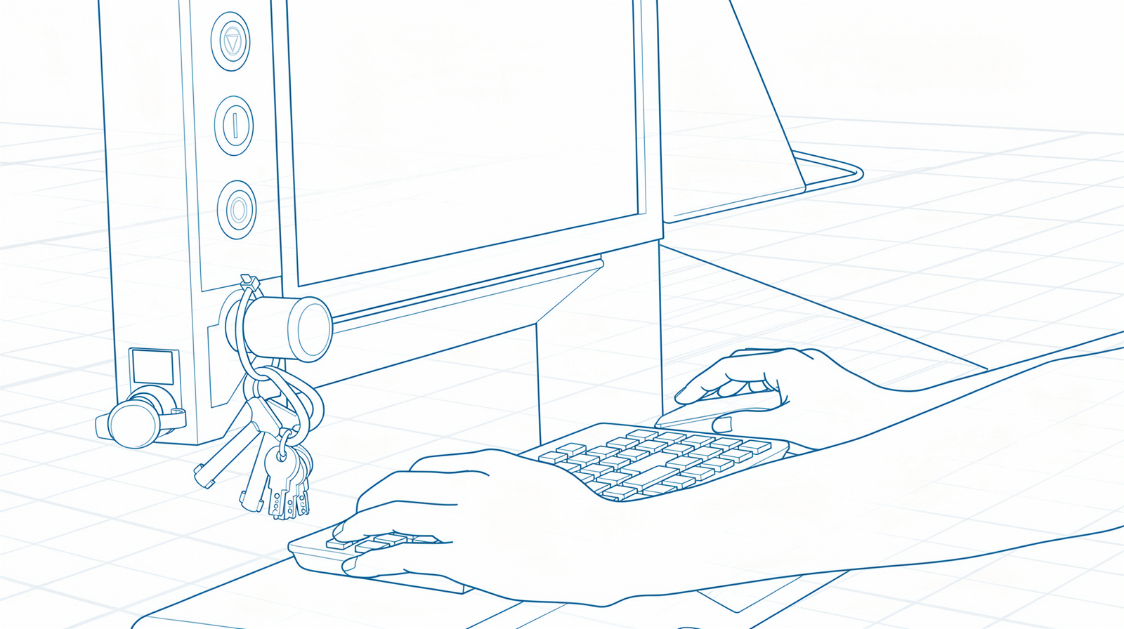 Operator hands on a CNC console keyboard beside a machine control panel with function keys