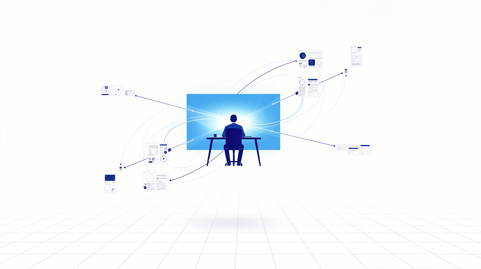 Silhouet van een figuur aan een gloeiend bureau met dunne datalijnen die naar buiten stralen en terugkomen met geometrische tegels, zwevend op een licht raster