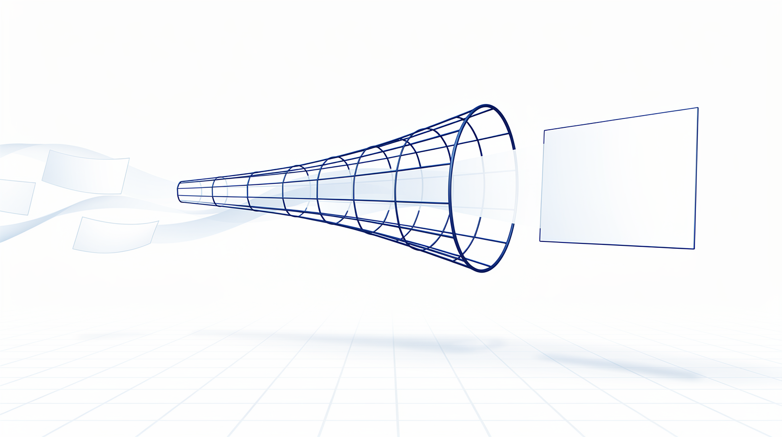 Kobaltblauw wireframe kegeltrechter met dunne lijnen die van links binnenkomen en een enkel open paneel aan de rechterkant, op een licht raster