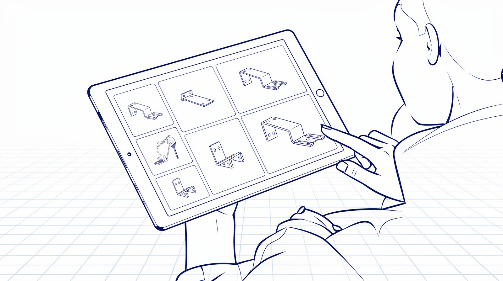 Strichillustration eines Kunden, der ein Tablet hält und auf einen Webshop mit einem Raster aus Blechteilen tippt