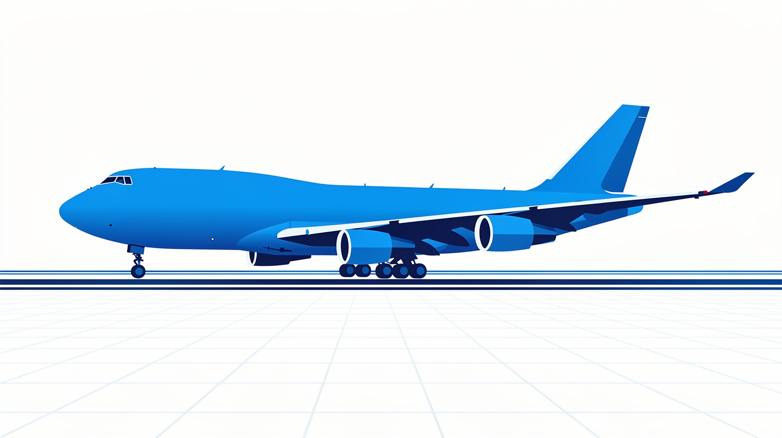 Een grote blauwe jumbojet in driekwart aanzicht.
