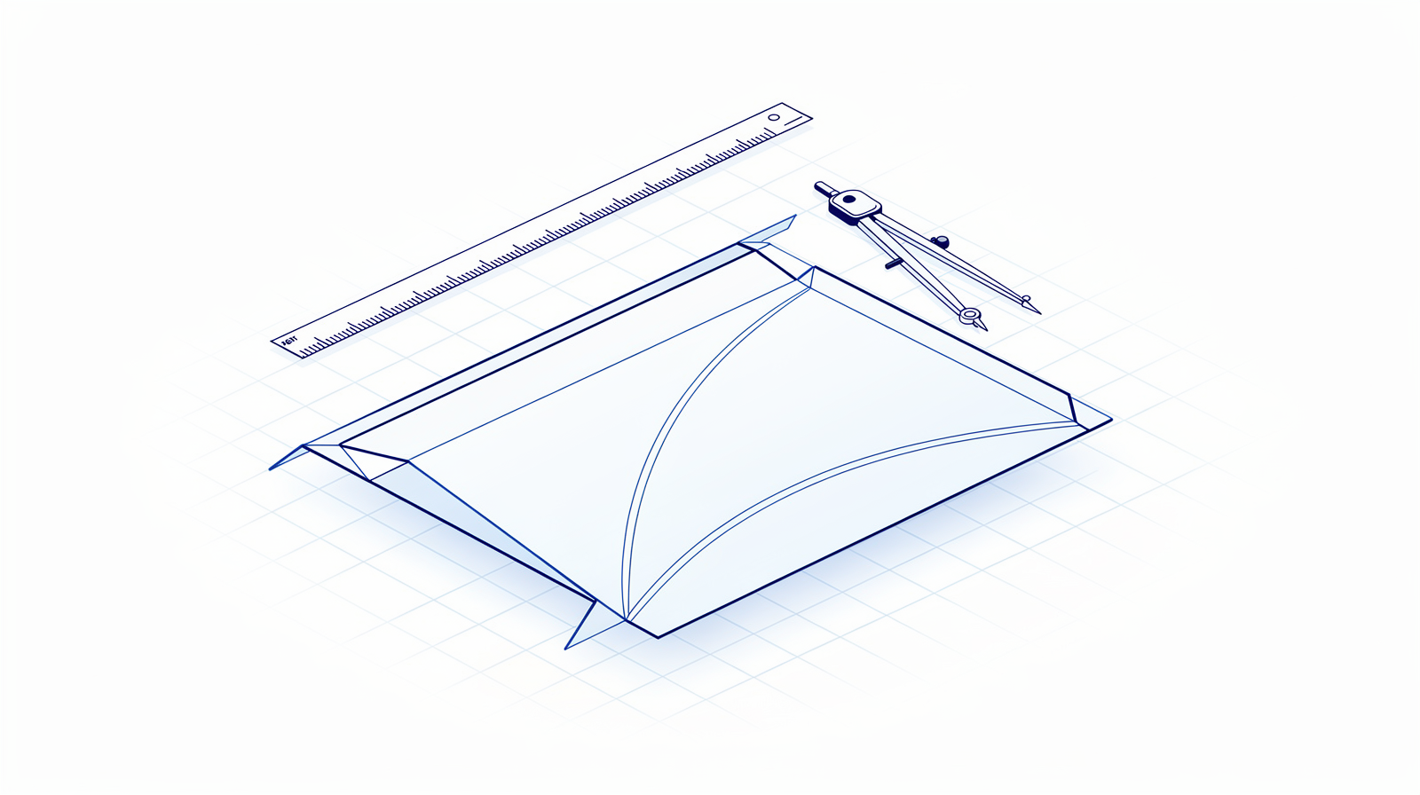 Flat-pattern layout of a folded sheet-metal part drawn on a grid, with a ruler and compass beside it