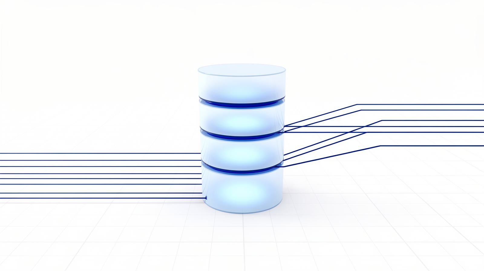 A stack of glowing pale blue cylindrical drums with thin blue lines flowing in from one side and out the other