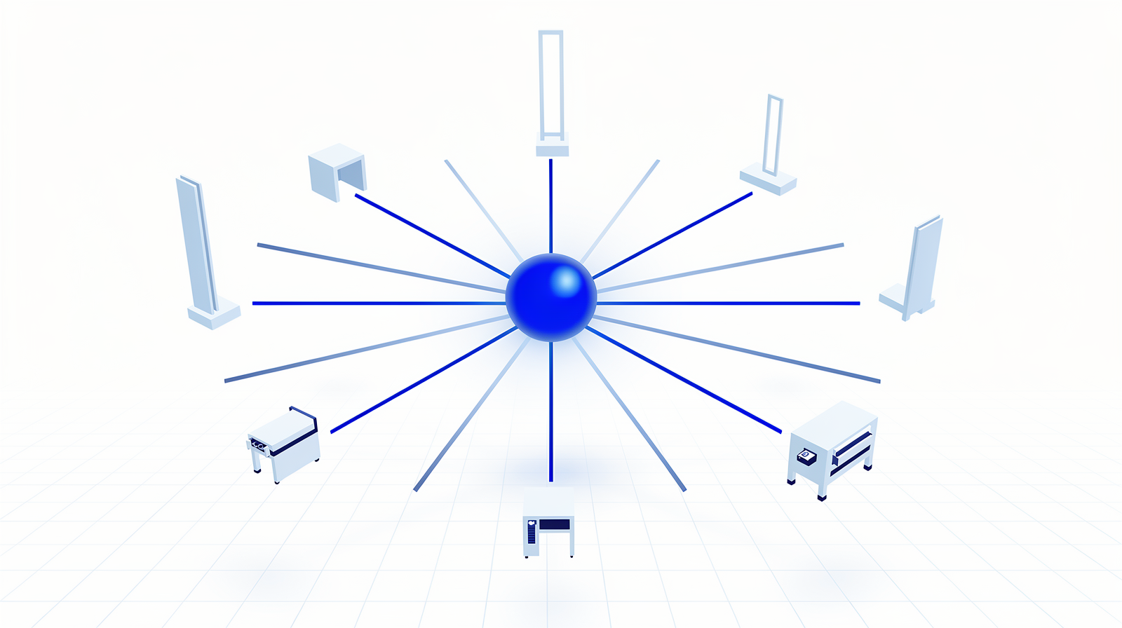 Central hub node connected by straight lines to multiple machine and terminal shapes arranged in a circle