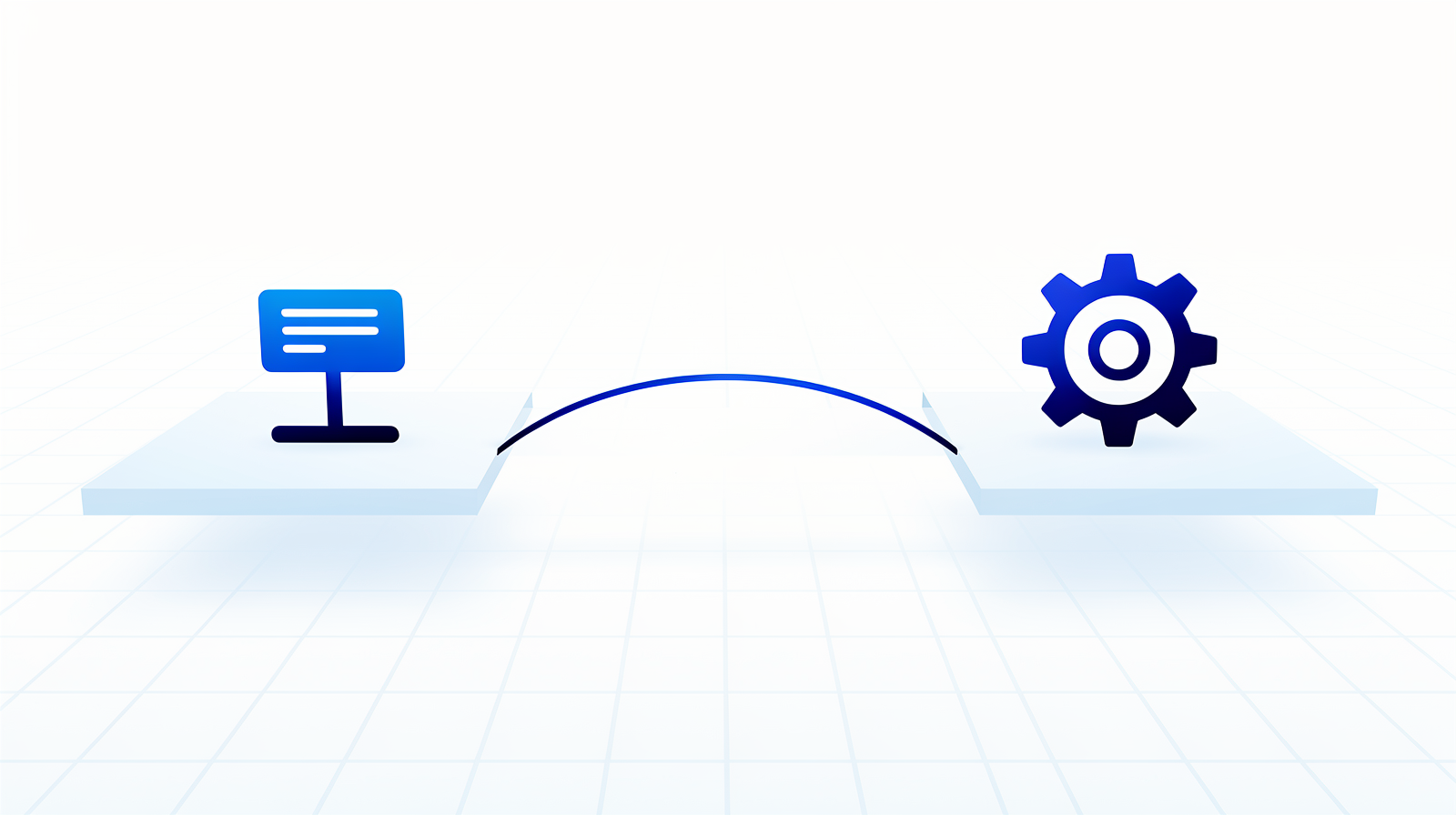 Two isolated platform islands on a grid floor -- one with a screen terminal shape, one with a gear-wheel silhouette -- joined by a thin cobalt arc bridge beginning to form across the gap
