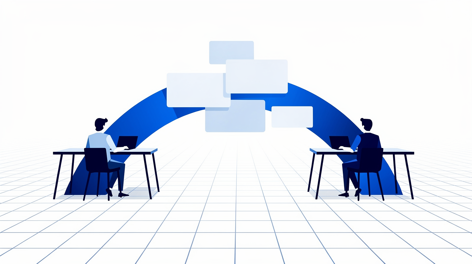 Two silhouette figures at desks on either side of a cobalt arc ribbon carrying pale blank panels between them