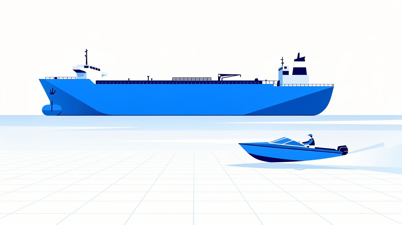 Ein grosser langsamer Tanker auf ruhigem Wasser neben einem kleinen schnellen Schnellboot mit einem Fahrer, das schnell daran vorbeischneidet