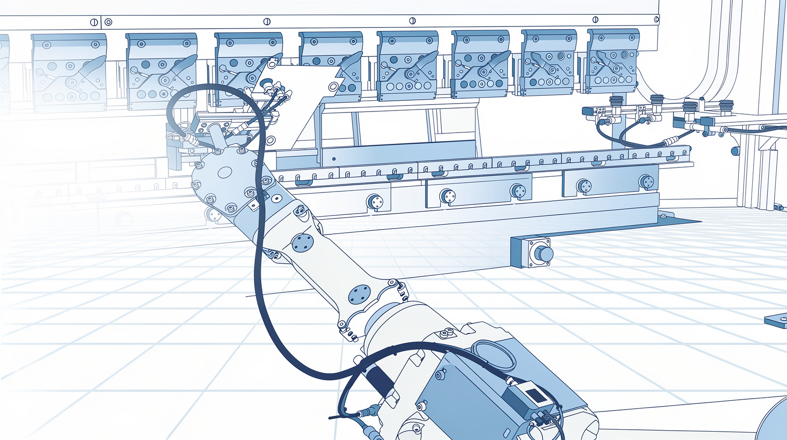 Illustration of an industrial robot arm working in front of a press brake tool rack in a bright fabrication shop