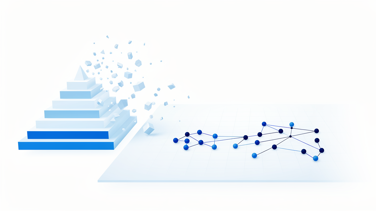 A stepped blue pyramid dissolving into small drifting fragments that settle onto a wide flat plane holding a connected network of dots