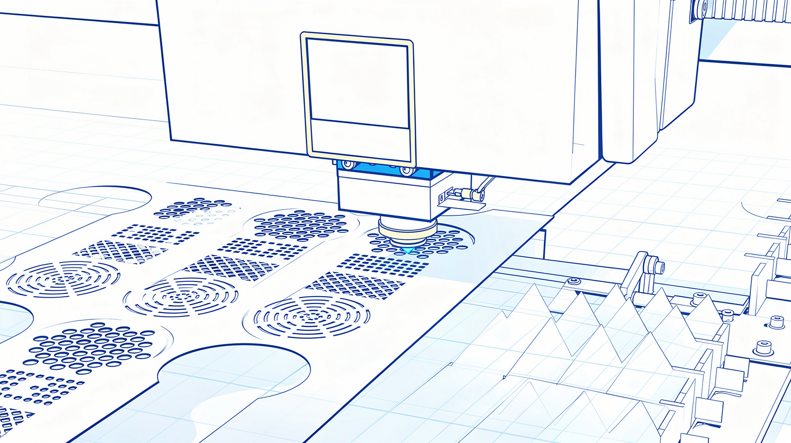 Fiber laser cutting head positioned over a perforated sheet-metal nest on a flat-bed cutting table