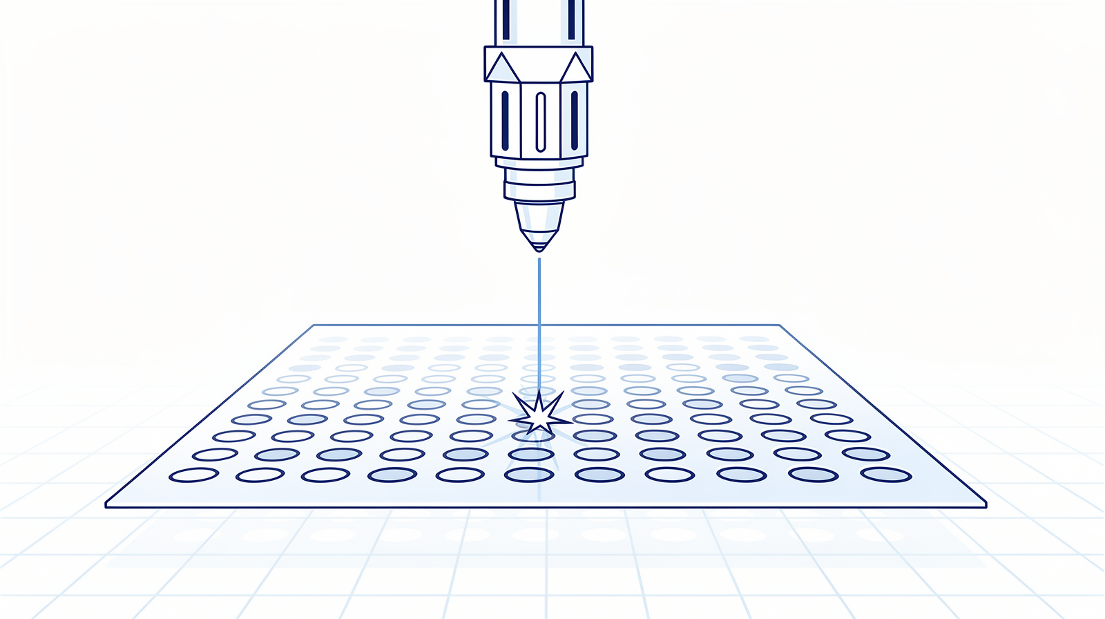 Minimal line drawing of a machine cutting head poised over a perforated metal sheet with a single bright spark
