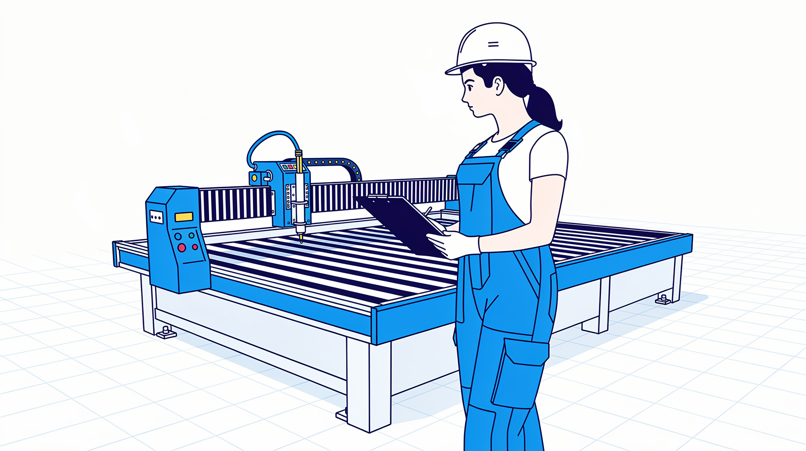 Bediener mit Schutzhelm notiert Produktionsfortschritt auf einem Klemmbrett neben einer CNC-Schneidanlage