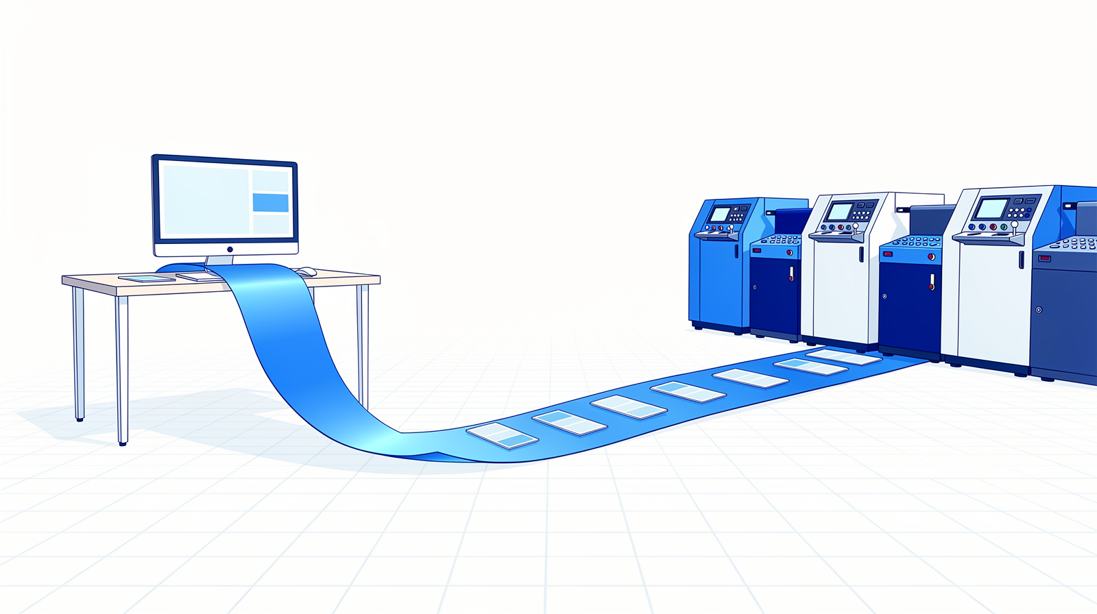 Flache blaue Illustration von Arbeitsaufträgen, die als Band von einem Bürocomputer über die Werkstatt zu einer Reihe von CNC-Maschinen fliessen