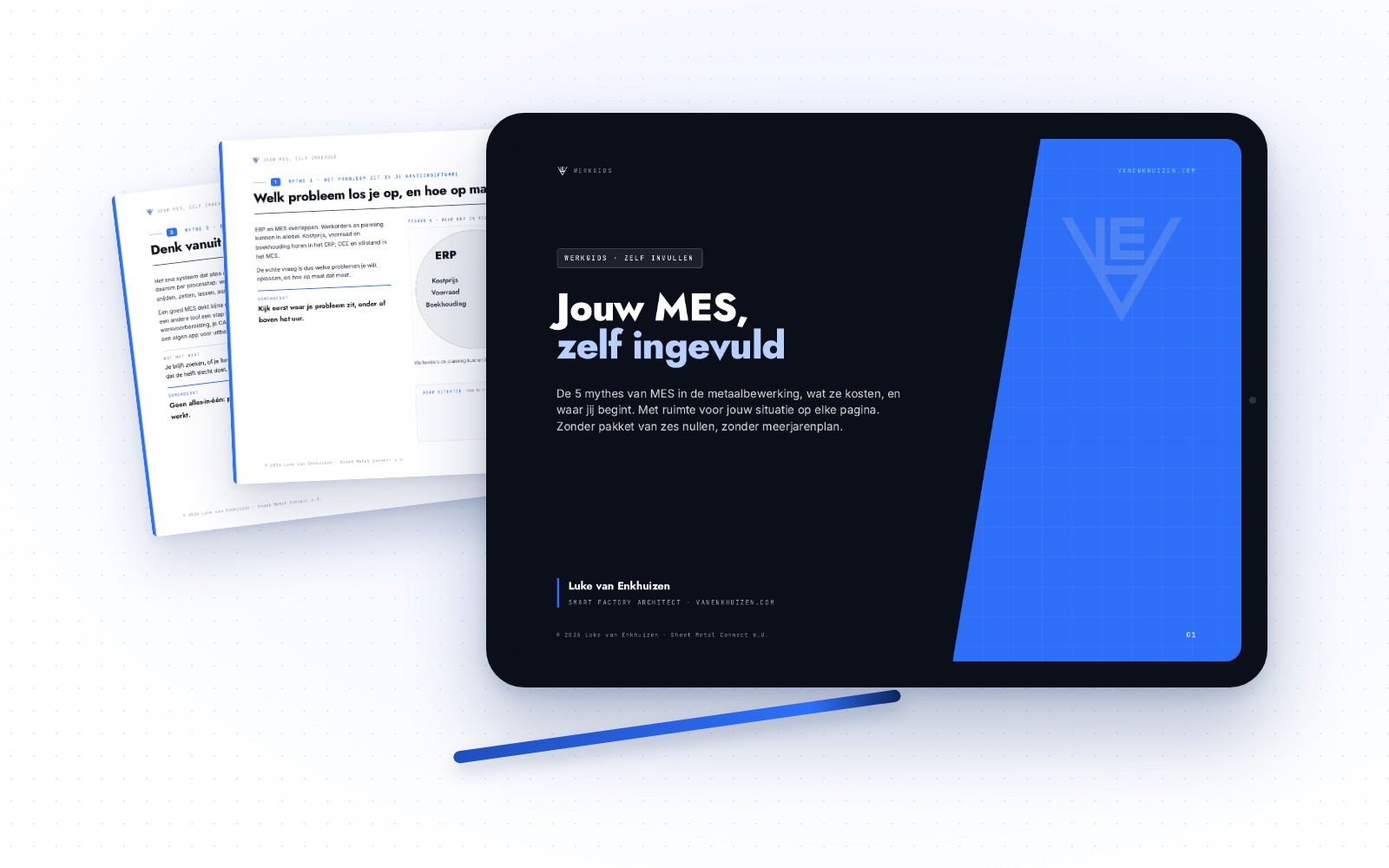 De werkgids Jouw MES, zelf ingevuld op een tablet, met twee uitgeprinte pagina's