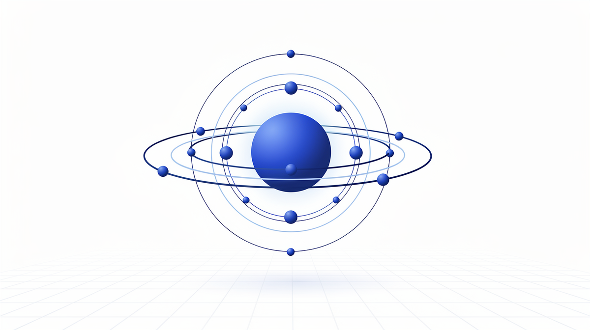 Cobalt sun with fine orbital rings and small spheres floating above a bright blueprint grid
