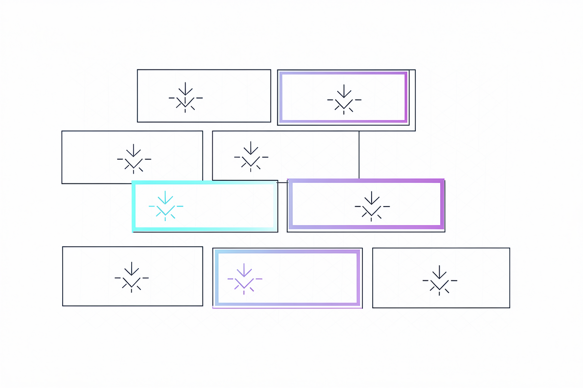 Zeven tegeltjes in halfsteensverband met kleine lijnmotieven, één hoektegel in cyaan-violet