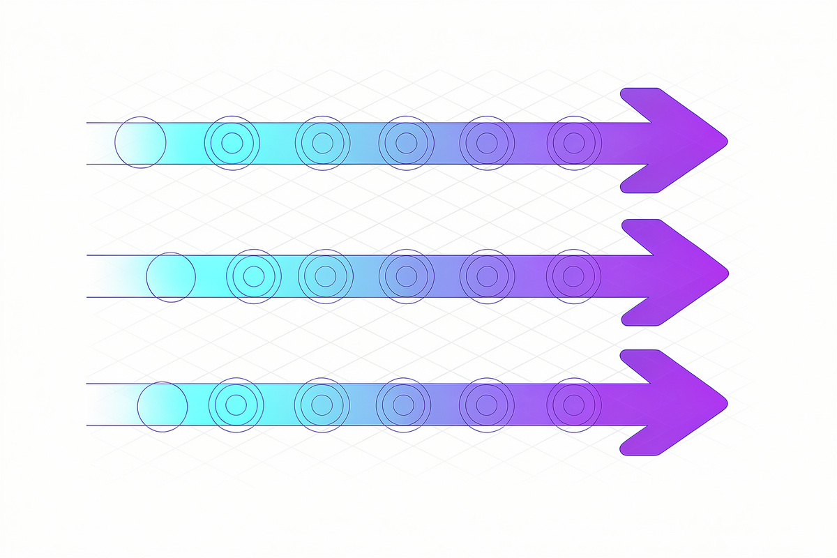 Vijf parallelle banen waarin markers via chevron-pijlen in cyaan-violet naar een nieuwe positie verschuiven