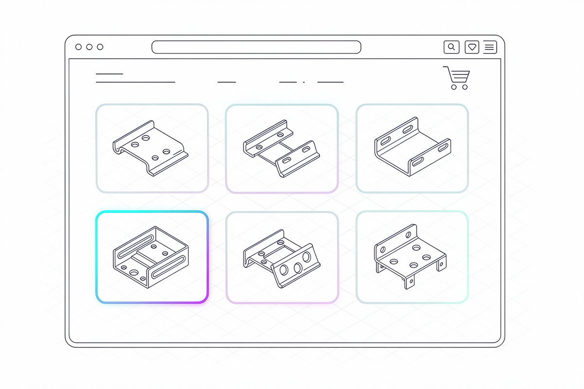 Webshopvenster in lijnstijl met tegels van plaatwerkdelen en een winkelwagentje, één tegel in cyaan-violet