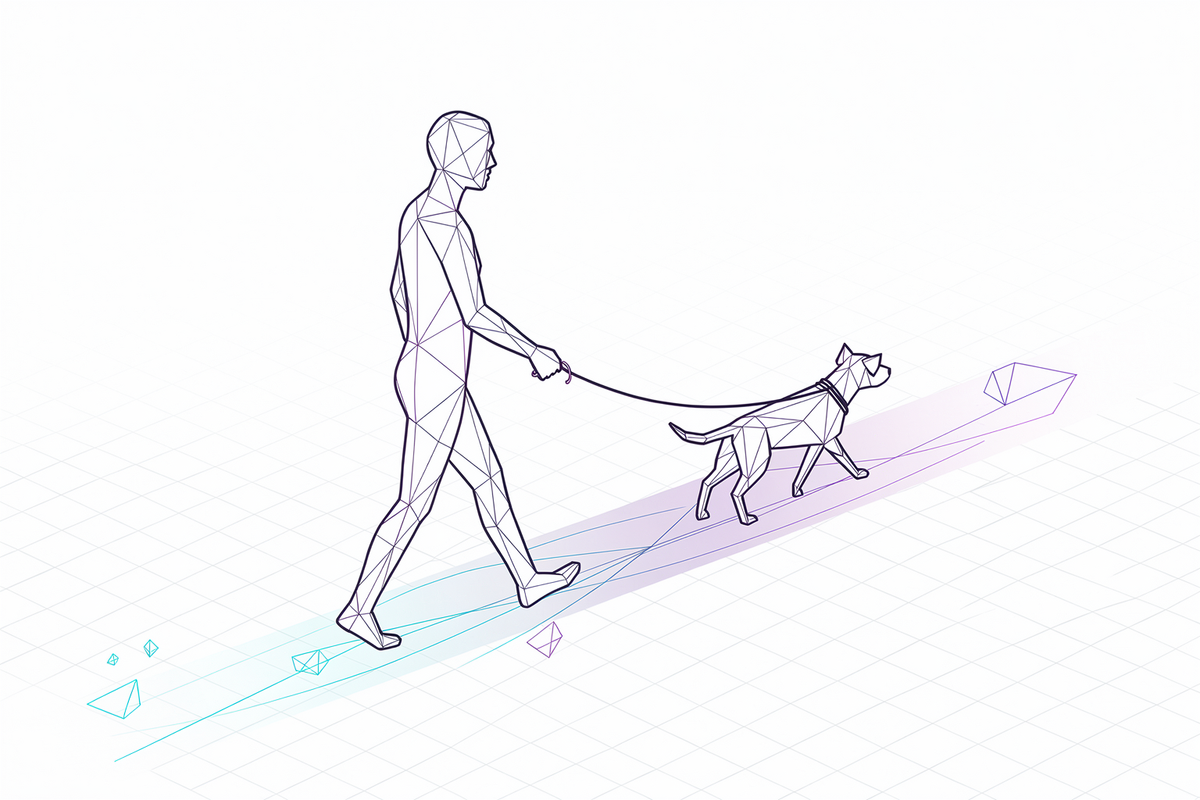 Minimalistische lijntekening van een wandelend mensfiguur met hond aan de lijn op een gradientpad