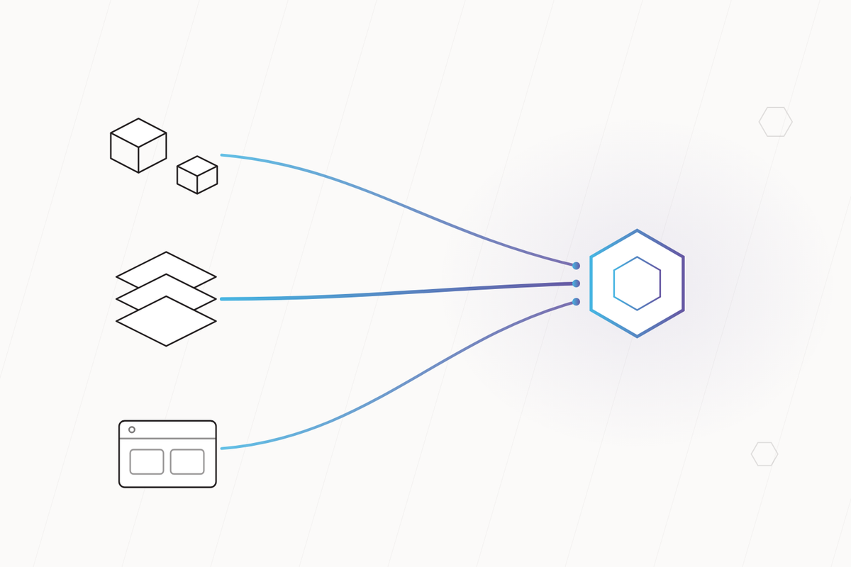 Illustratie: drie routes (losse blokken, platformstack, paneel) komen samen in één UNS-hexagon