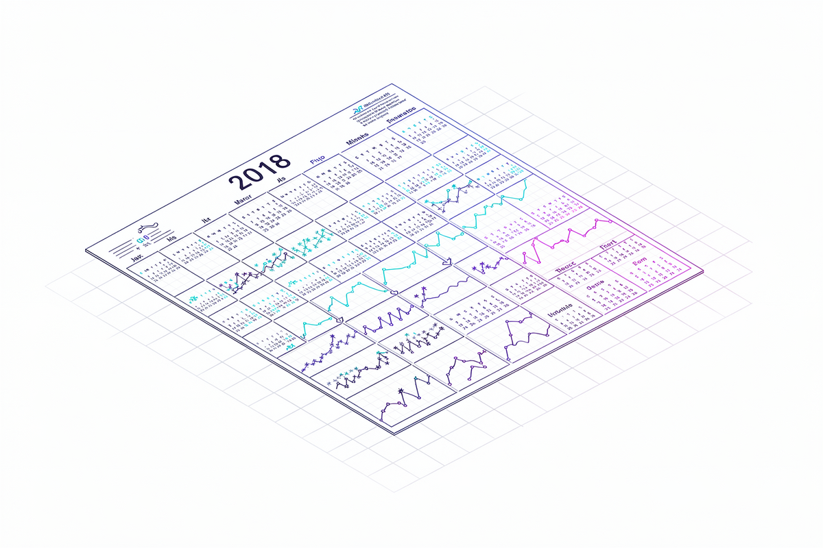 Kalenderraster in lijnstijl dat zich vult met datapunten en sparklines, het laatste deel in cyaan-violet