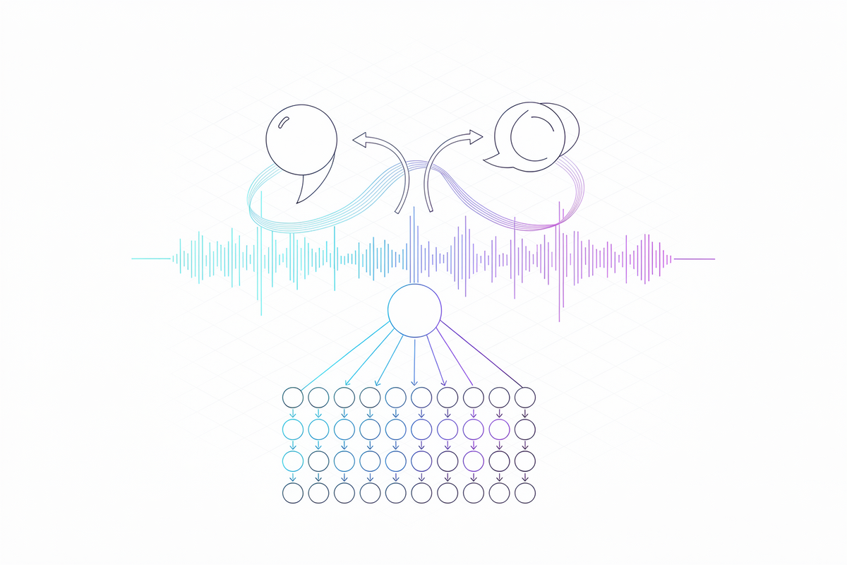 Podcastmotief: golfvorm wordt een strategiecascade van één node naar rijen uitgelijnde nodes in cyaan-violet