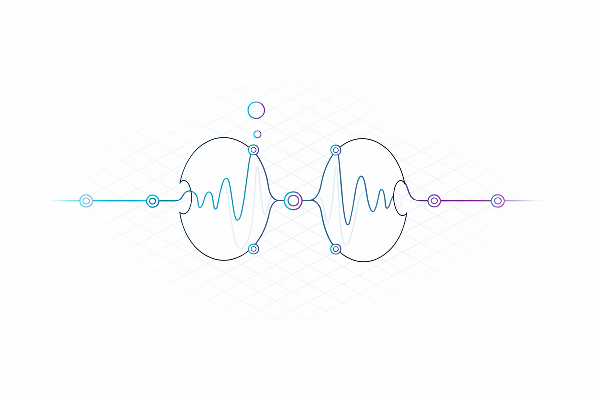 Podcastmotief: nodes haken aan op een lopende golfvormlijn terwijl één node loslaat, koppelpunten in cyaan-violet