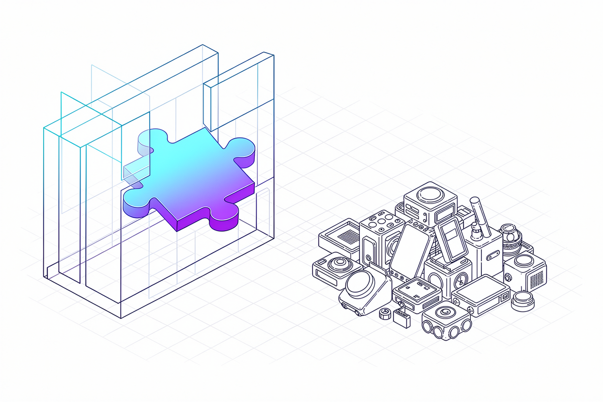 Lijntekening: een gradient-puzzelstuk dat precies past tegenover een losse stapel technologieblokken