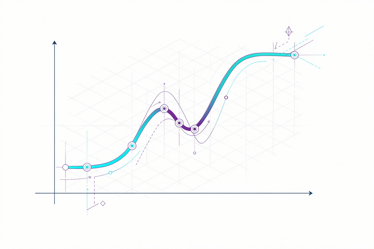 S-curve op blauwdruk-assen met mijlpaalnodes, het steile middendeel in cyaan-violet