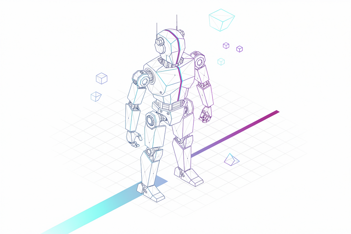 Abstracte geometrische automaatfiguur die zichzelf opbouwt uit lijnfragmenten en een lange schaduw werpt