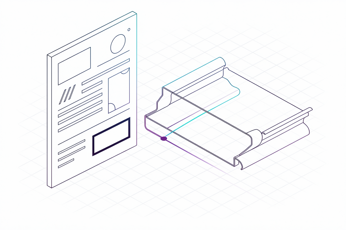 Offerteformulier in lijnstijl naast een wireframe plaatdeel, verbonden door een cyaan-violette lijn