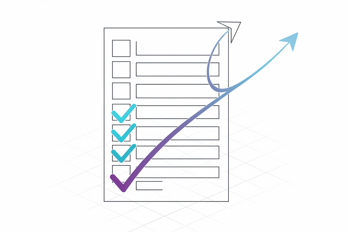 Checklist in lijnstijl met aangevinkte gradientvinkjes en een omhoog wegdraaiende pijl