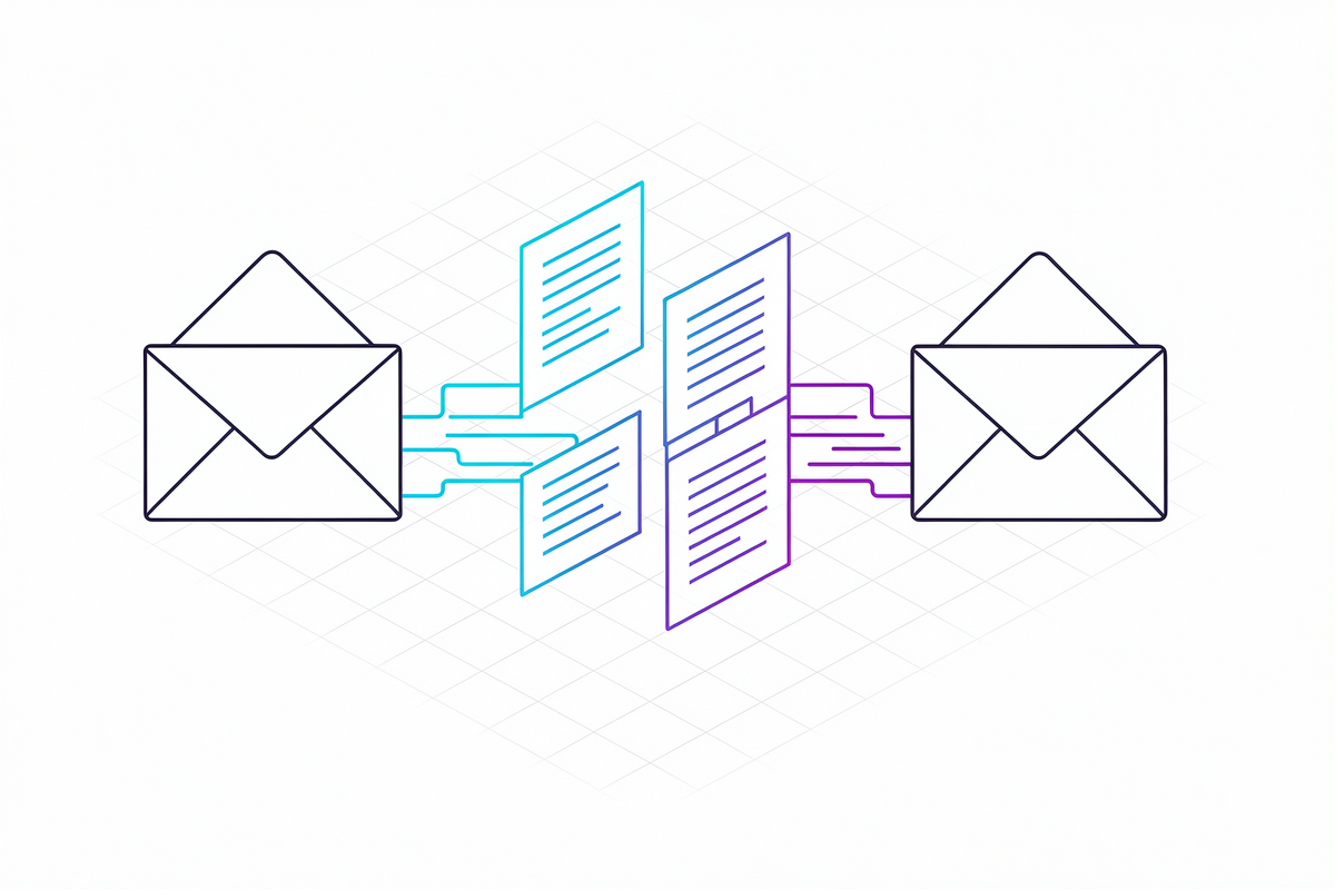 Twee enveloppen in lijnstijl die gestructureerde documentlijnen uitwisselen die in het midden samenkomen