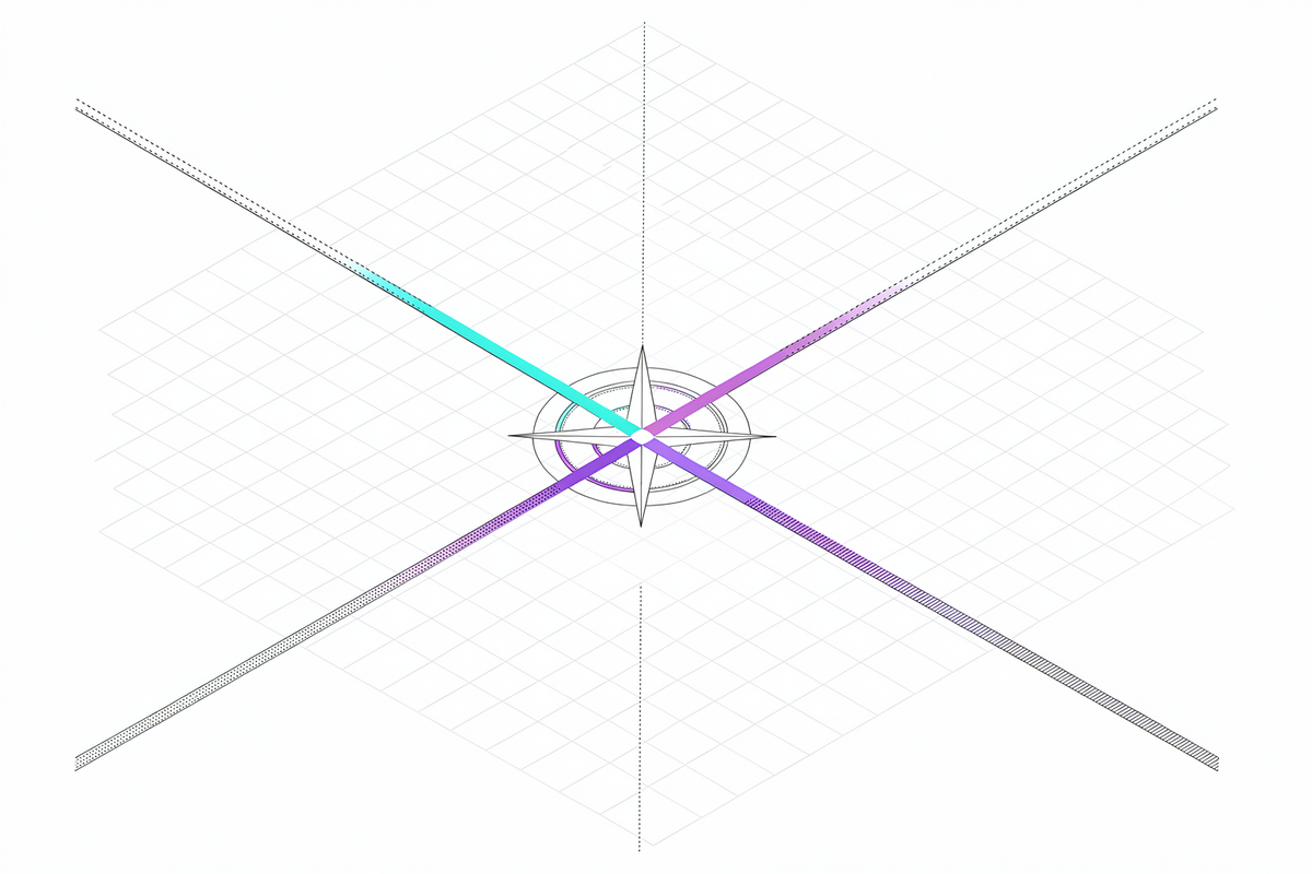 Kompasvormige lijntekening van vier uiteenlopende strategiepaden vanuit één punt, één pad in gradient