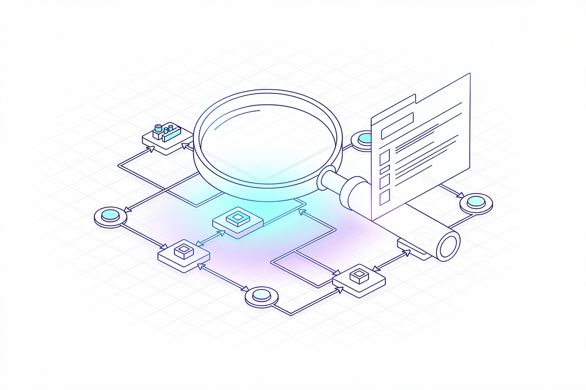 Vergrootglas boven een wireframe-plattegrond van procesnodes, het onderzochte deel licht op in cyaan-violet