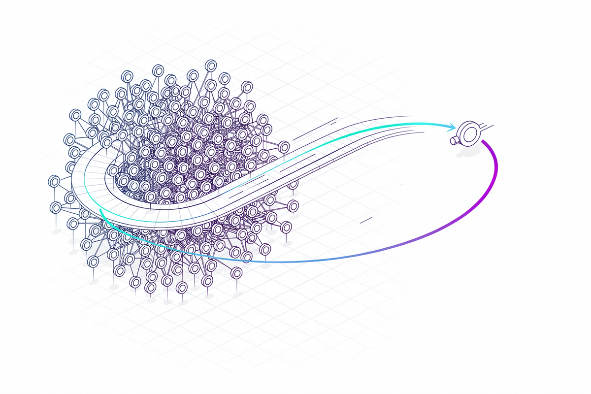 Drukke cluster nodes op één spoor terwijl één node wegzwenkt over een eigen cyaan-violette curve de ruimte in