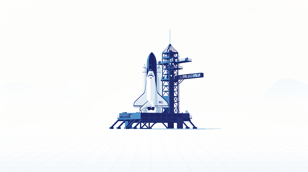 Een cobaltblauwe spaceshuttle op het lanceerplatform, symbool voor een zwaar ERP-systeem dat overkill is voor de meeste metaalbedrijven.