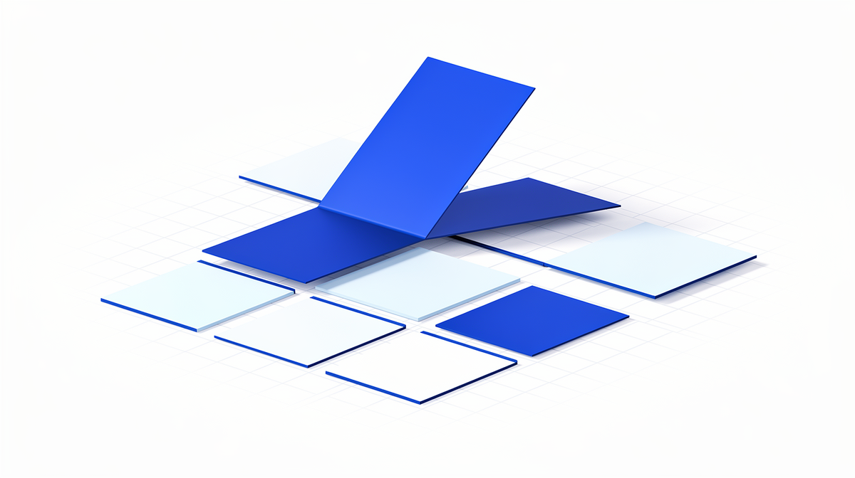 Licht raster met panelen waaruit een enkele plaat omhoog komt, boven een blauw perspectiefraster.
