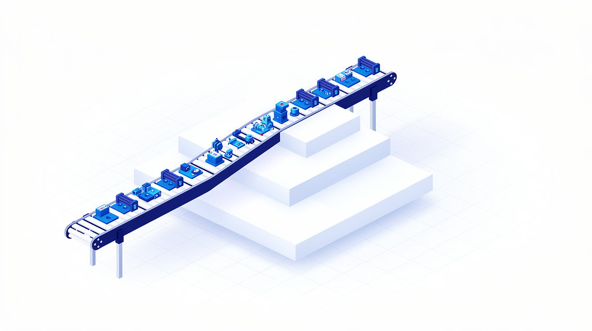 Small cobalt parts flowing up four steps across a bright workshop grid.