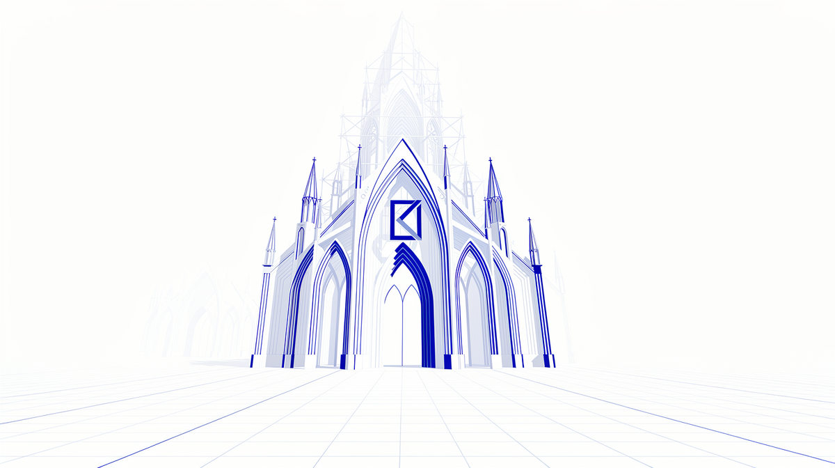 Airy blueprint of a light-filled cathedral-like structure formed from fine cobalt linework and sheet-metal planes rising into