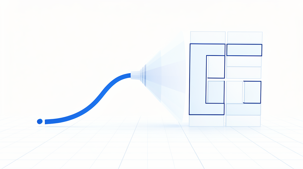 A smooth cobalt ribbon flowing through a funnel into an orderly grid of light panels.