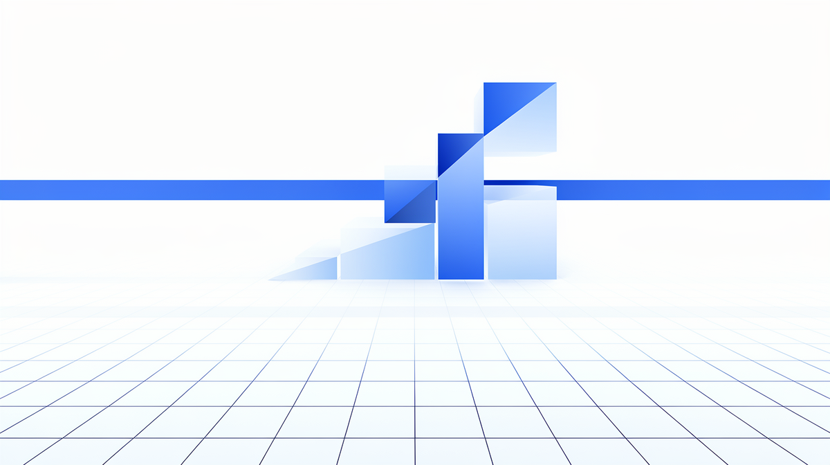 Bright blue-on-white blueprint illustration with a perspective grid and a rising path of stacked planes.