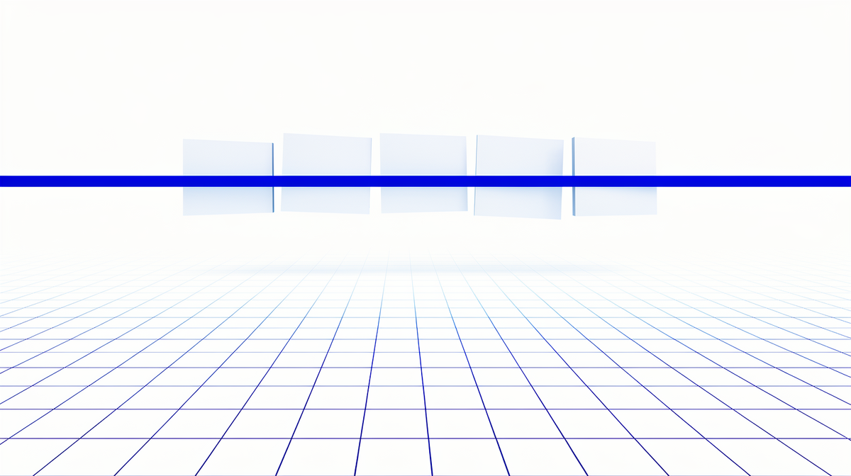 Lichte panelen die samenkomen tot een doorlopende blauwe lijn boven een vervagend perspectiefraster.