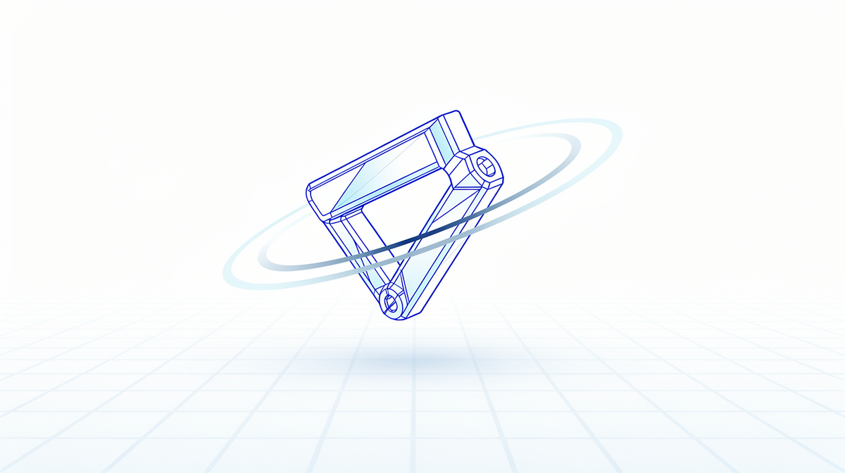 Een cobaltblauw 3D-wireframe-deel dat boven een raster zweeft met orbitringen.