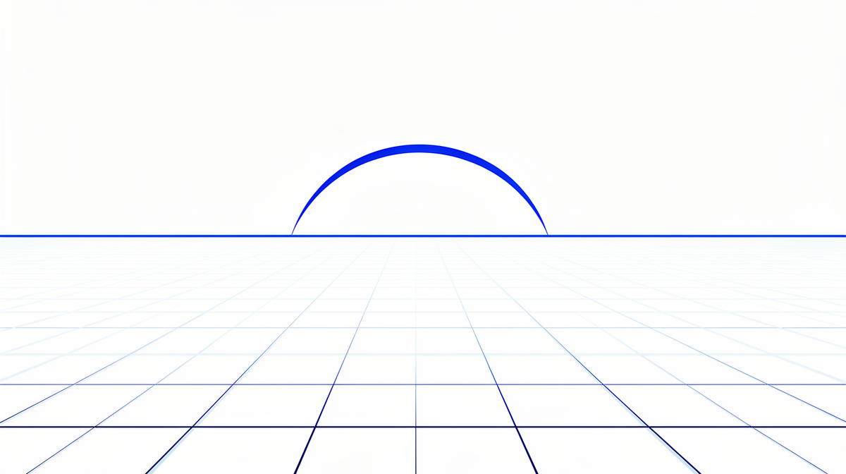 Een kobaltblauw perspectiefraster dat naar een zachte horizon rijst, met een dunne boog erboven.