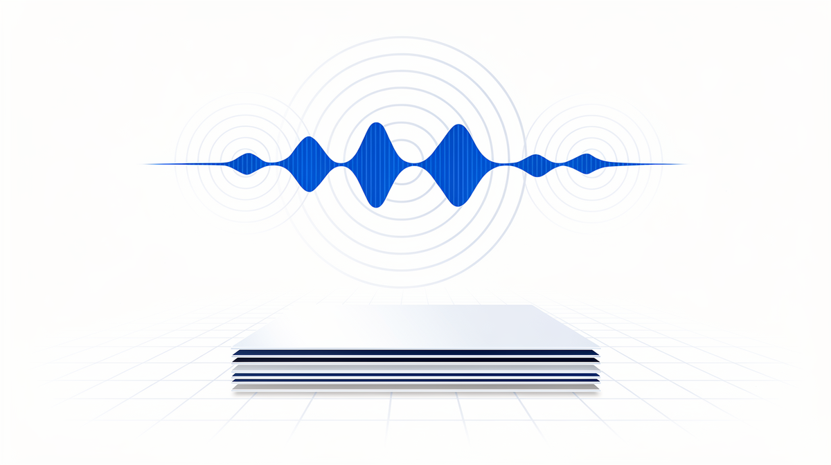 Cobalt audio waveform above a light stack of thin sheet planes on white.
